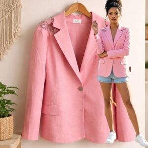 Women’s Vintage Pink Rhinestone Embellished CutOut Blazer Jacket Size LARGE